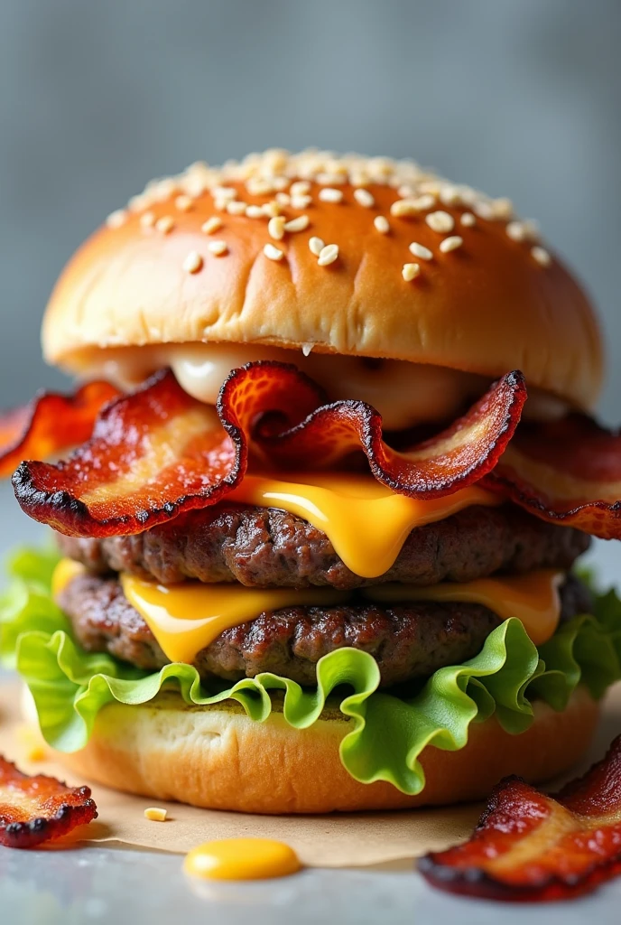 Make a burger with meat, crispy bacon, cheddar, lettuce and mayonnaise with bacon