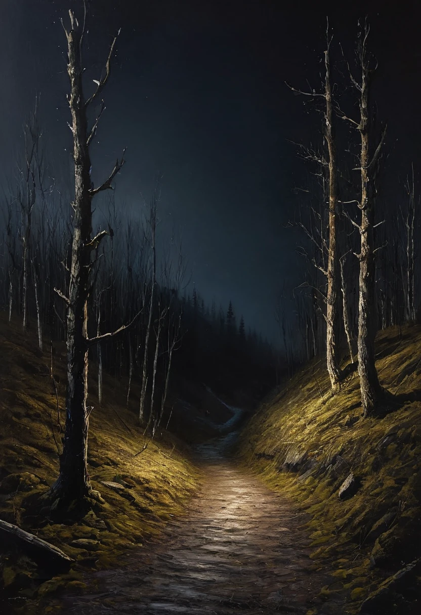 painting of a path blocked by bandits in a dry black forest, dark atmosphere, cinematic scene, volumetric lights, ultra realistic, in the style of nicola samori