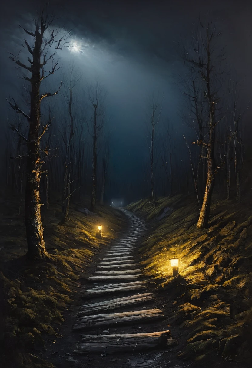 painting of a path blocked by bandits in a dry black forest, dark atmosphere, cinematic scene, volumetric lights, ultra realistic, in the style of nicola samori