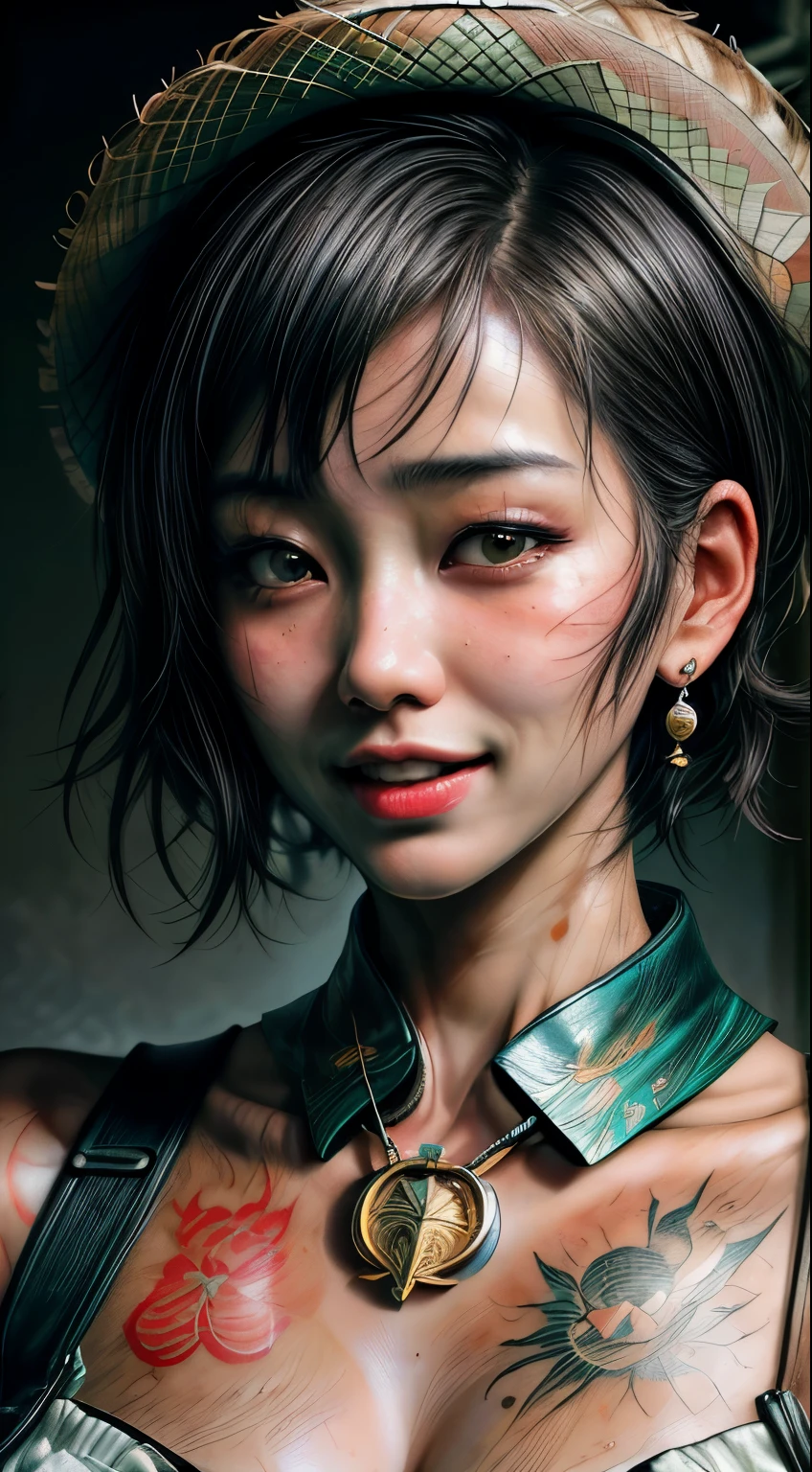 (Masterpiece, Highest quality, Highest picture quality, high resolution, realistic style)full body image,Portrait of a 30-year-old Asian woman with short hair laughing.,((Charming laugh)), tattoo, With a medal around his neck,earring, Torn white suit,Break through ,Big breasts, Sweaty skin with imperfections, (Wear a straw hat,complicated details ( 8k is very realistic.)