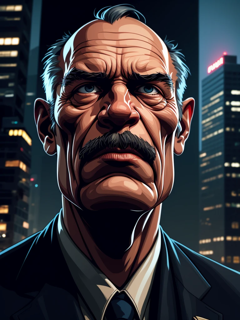 a portrait of an old man wearing a suit, upperbody, standing in a city background, mwvector, 8k, high quality, photorealistic, detailed wrinkles, detailed facial features, detailed texture, cinematic lighting, dramatic shadows, moody color palette, warm tones