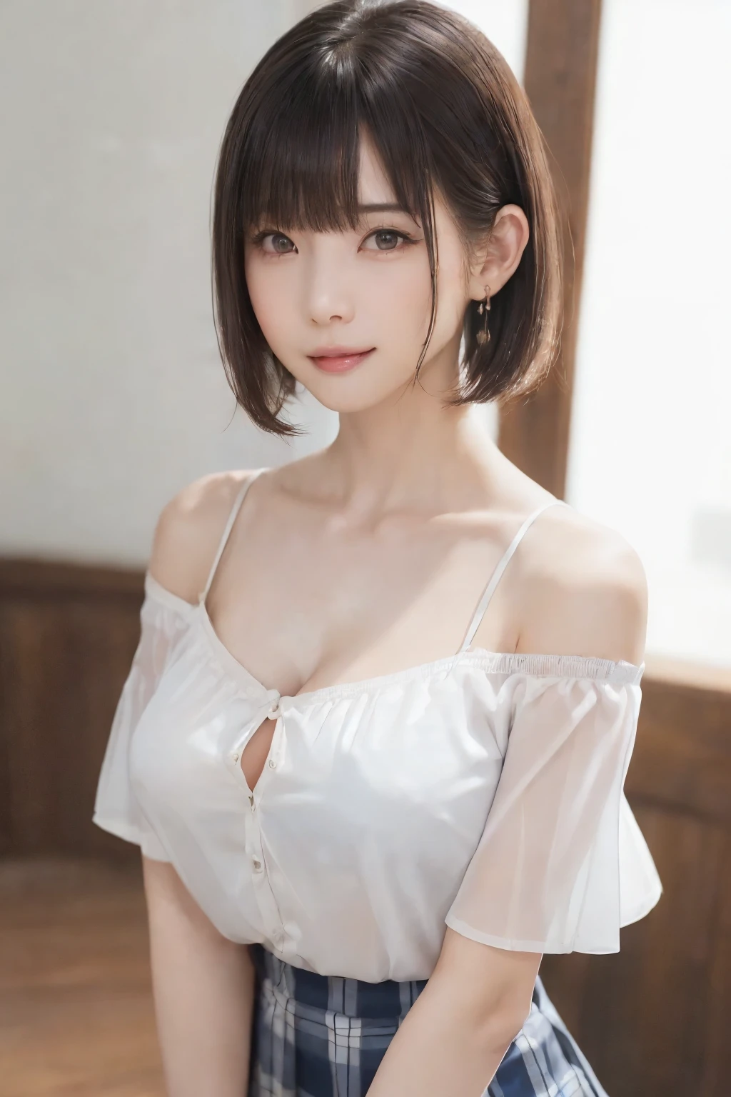 (From the back:1.4、Tabletop:1.4、Highest quality:1.4、Best image quality:1.4、かわいいbeautiful大人の女性, beautiful symmetrical face、Adult smile:1.4、beautiful Teeth、Lip gloss、Short Brunette Bob、Shiny shiny hair、Has shiny bangs:1.4、bangs:1.4、length, shiny shorthair、length neck:1.4、Show me your ears、Tall Supermodels、Broad shouldered supermodel、{Huge|big|Huge|Mega} chest:2, 非常に大きなchest、beautiful chest have cleavage:2)、(とてもbeautiful背中、beautiful, Glowing Skin、Cute school girl、Off-the-shoulder white see-through shirt、Checkered sheer loop pleated short skirt、2)、Very cute and attractive woman、とてもbeautiful背中、Perfect Anatomy