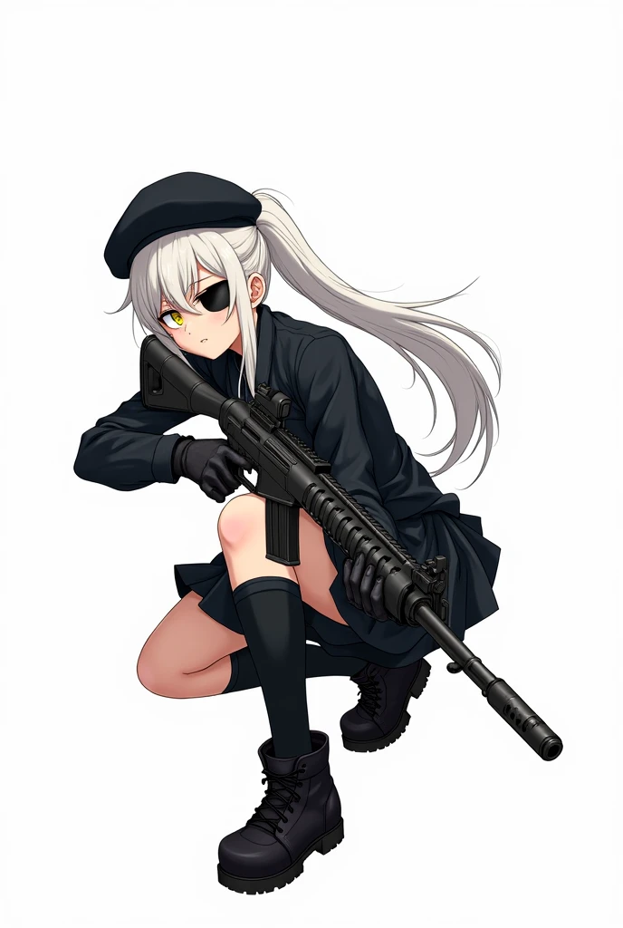 Medium-height anime girl, long white ponytail tail hair, yellow eye, aiming a assault rifle while crouch position, wearing a black school uniform, long black socks, black eye patch, black beret, tactical gloves, tactical boots. Manga art style with white background