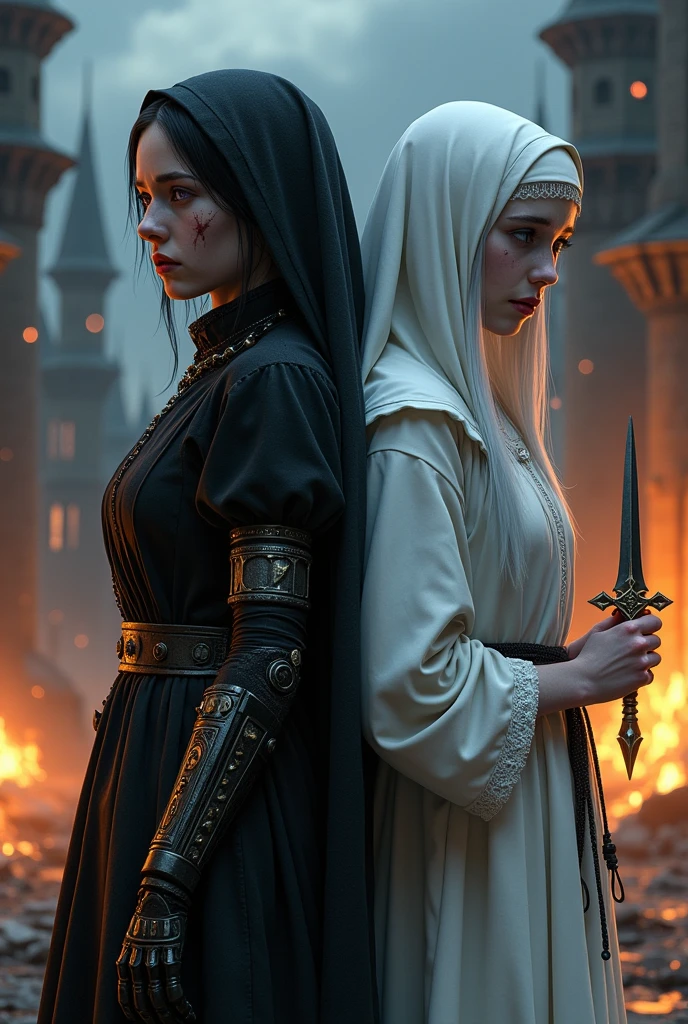 Two pale young women of the Middle Ages standing back to back with violet eyes, with the one on the left with a suffering eye, dark alchemist clothes and left arm with a steampunk technology prosthesis, holding a dagger with a pentagram, short black hair with a cut on the face, and the one on the right with white nun clothes holding a rosary with sad closed eyes long white hair with a castle in flames behind and sparks of fire, the night