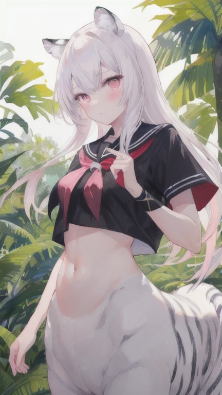 (best quality, masterpiece), 1 girl, centaur, I beg, White skin, Japanese schoolgirl,daughter,black pink, exposing the abdomen, belly button t-shirt , beautiful girl perfect, White tiger photo, perfect jungle photo