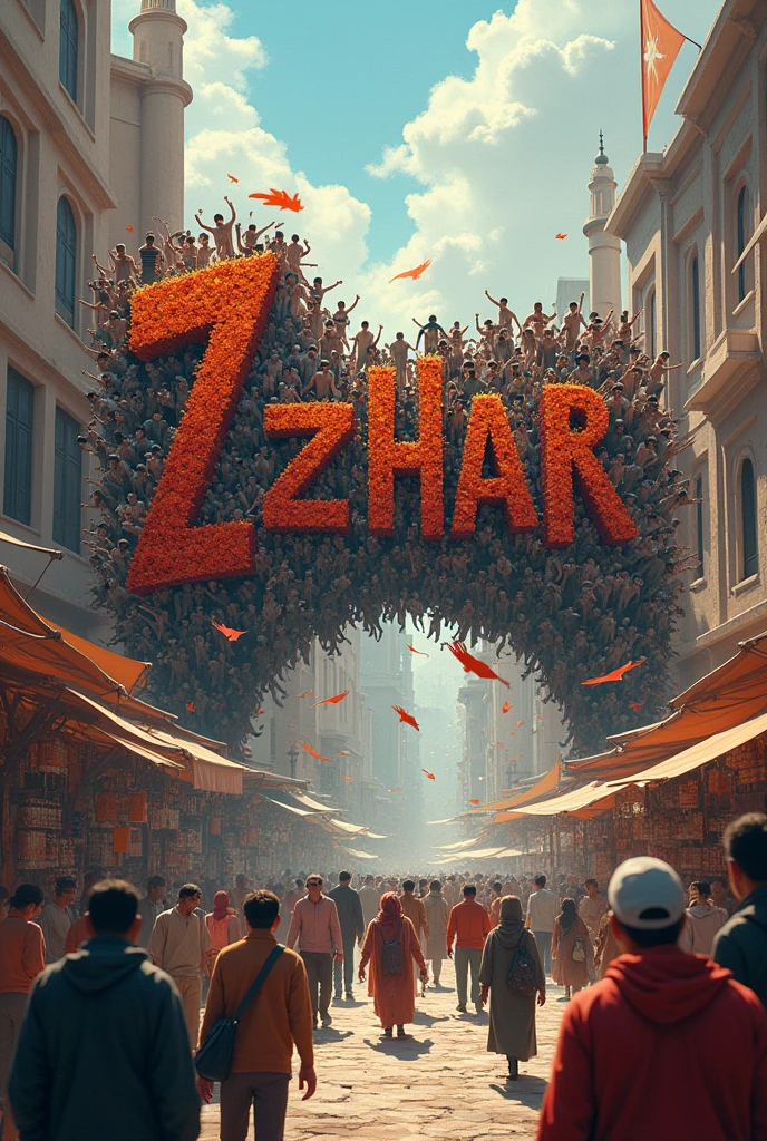 Write name Azhar with the help of cloud of people in the market
