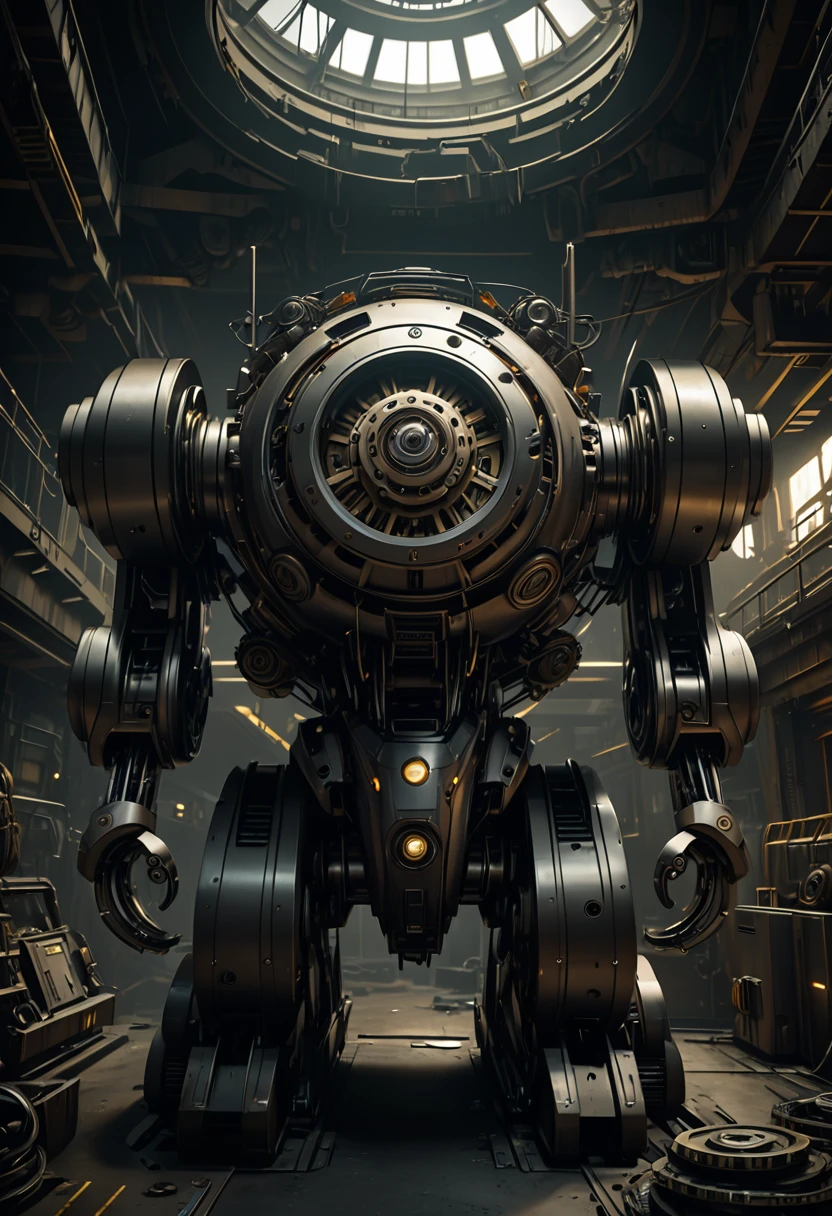 a nostalgic and retro-futuristic rounded robot,intricate mechanical details,gears and cogs,eerie and unsettling atmosphere,cinematic lighting,dark and moody color palette,(best quality,4k,8k,highres,masterpiece:1.2),ultra-detailed,(realistic,photorealistic,photo-realistic:1.37),cinematic composition,dramatic shadows,ominous mechanical presence,retrofuturistic design,complex machinery,intricate engineering,haunting ambiance,chiaroscuro lighting,dystopian sci-fi,dark and moody,industrial cyberpunk