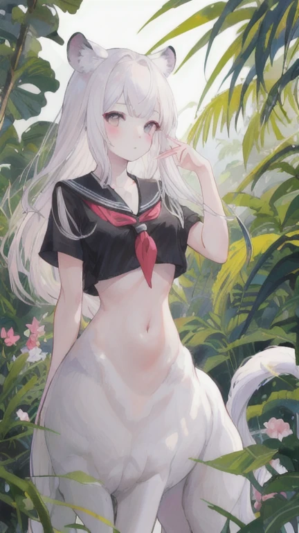 (best quality, masterpiece), 1 girl, centaur, I beg, White skin, Japanese schoolgirl,daughter,black pink, exposing the abdomen, belly button t-shirt , beautiful girl perfect, White tiger photo, perfect jungle photo