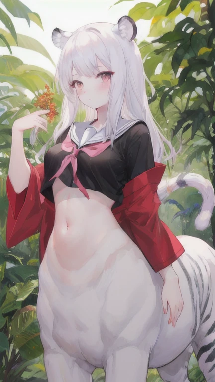 (best quality, masterpiece), 1 girl, centaur, I beg, White skin, Japanese schoolgirl,daughter,black pink, exposing the abdomen, belly button t-shirt , beautiful girl perfect, White tiger photo, perfect jungle photo