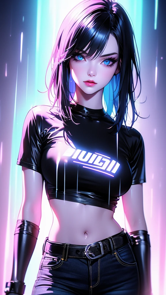 a beautiful girl in black t-shirt and blue jeans, bright pop-punk hair, beautiful detailed eyes, detailed lips, detailed face, belt, neon hearts, studio lighting, sharp focus, professional, VFX, UHD, HDR, 3d unreal render, double exposure, fog effect, white background, sumi liquid ink drawing, black blood color scheme, rain effect, neon render effect, neon outline effect, portraits, bright colors