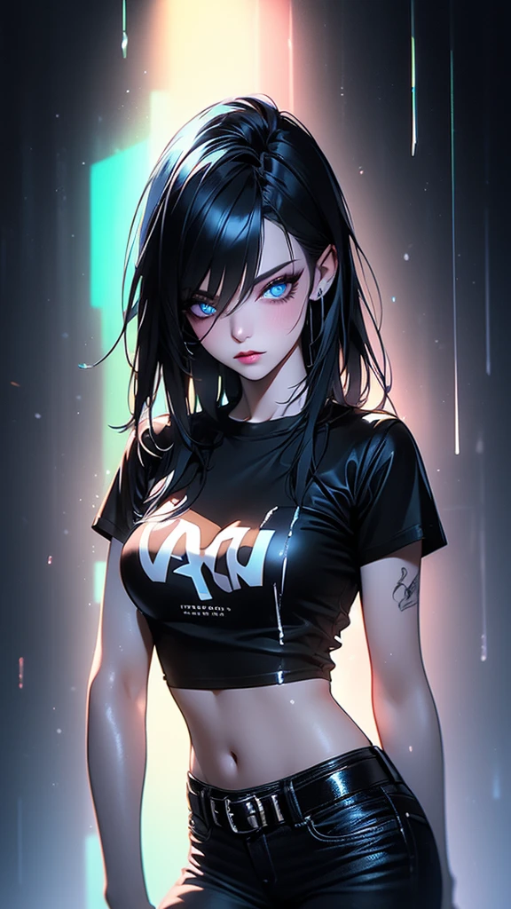 a beautiful girl in black t-shirt and blue jeans, bright pop-punk hair, beautiful detailed eyes, detailed lips, detailed face, belt, neon hearts, studio lighting, sharp focus, professional, VFX, UHD, HDR, 3d unreal render, double exposure, fog effect, white background, sumi liquid ink drawing, black blood color scheme, rain effect, neon render effect, neon outline effect, portraits, bright colors