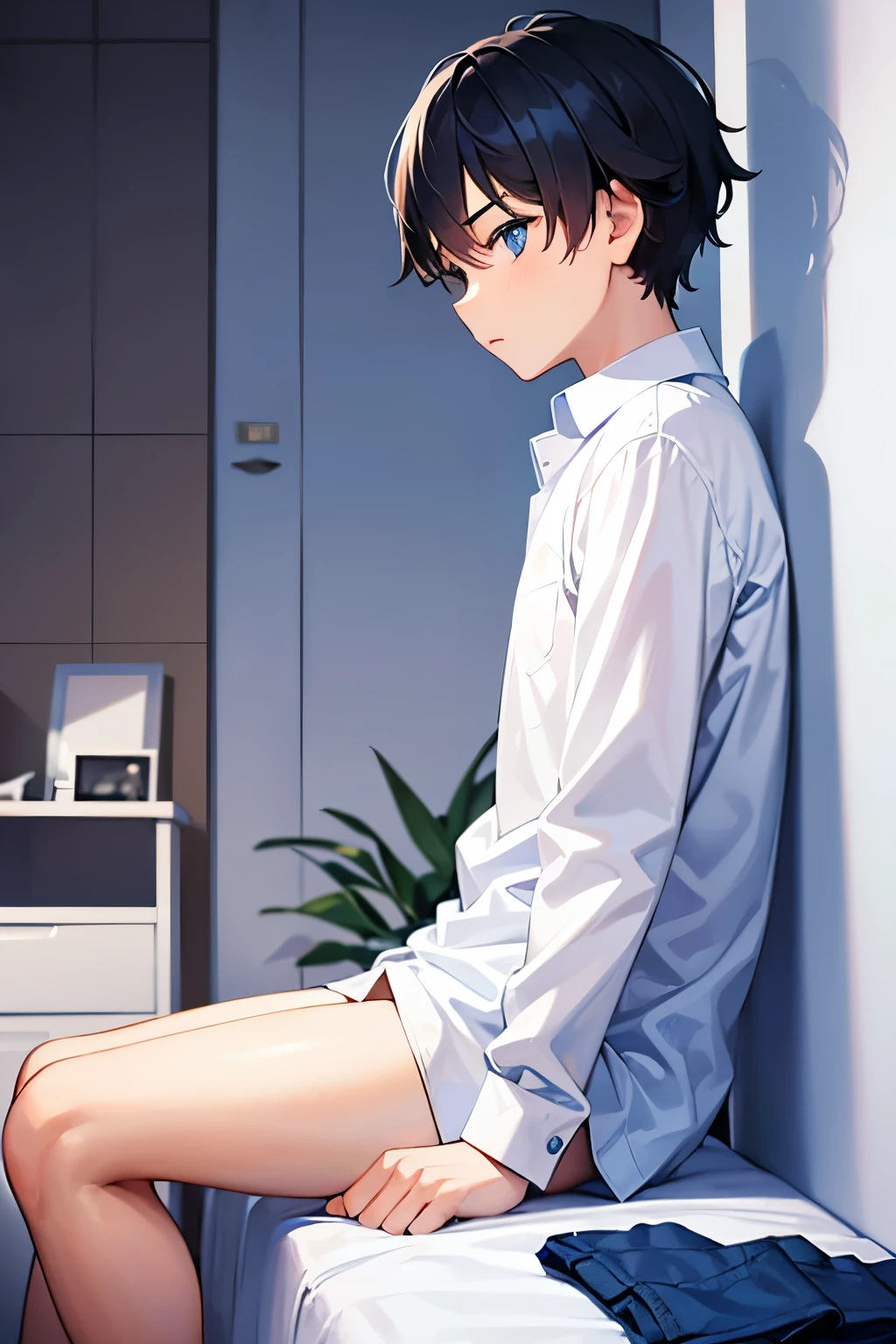 a boy sitting in a bedroom, wearing a white long sleeve shirt and blue underwear, viewed from the side,