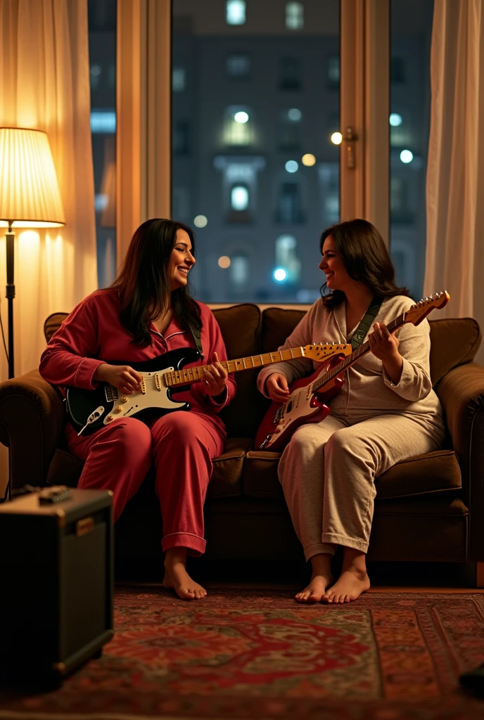 Two very beautiful and glamorous plump white mature women, aged 35 and 38, are sitting on the sofa in the living room of an old apartment in the city at night, playing fender telecaster electric guitars, and a cat is listening to the sound of the guitar next to them.Very glamorous pajama full body、Plump Lesbian、Very large, pendulous breasts、a perfect glamorous mature woman's proportions、Private photos taken by a professional photographer at amazing angles、The two of them are singing and playing with great enjoyment.、Full body image from head to toe,she has a dark brunette One-length Perfectly straight very long hair,super realistic mature's body and skin,Record Rack、record player、Boombox、Cat、Outside the window, an old apartment building across the street、Singing with a wide open mouth、fender guitar amp、Cat,Canned beer and potato chips on a table、A big smile with her mouth wide open and laughing.super happy night,On the floor was a Persian carpet, lots of electrical wiring, and guitar effects.、An old man is watching from the balcony of the old apartment building across the street.、Lots of empty beer cans lying around、Very ordinary striped pajamas and polka dot pajamas、