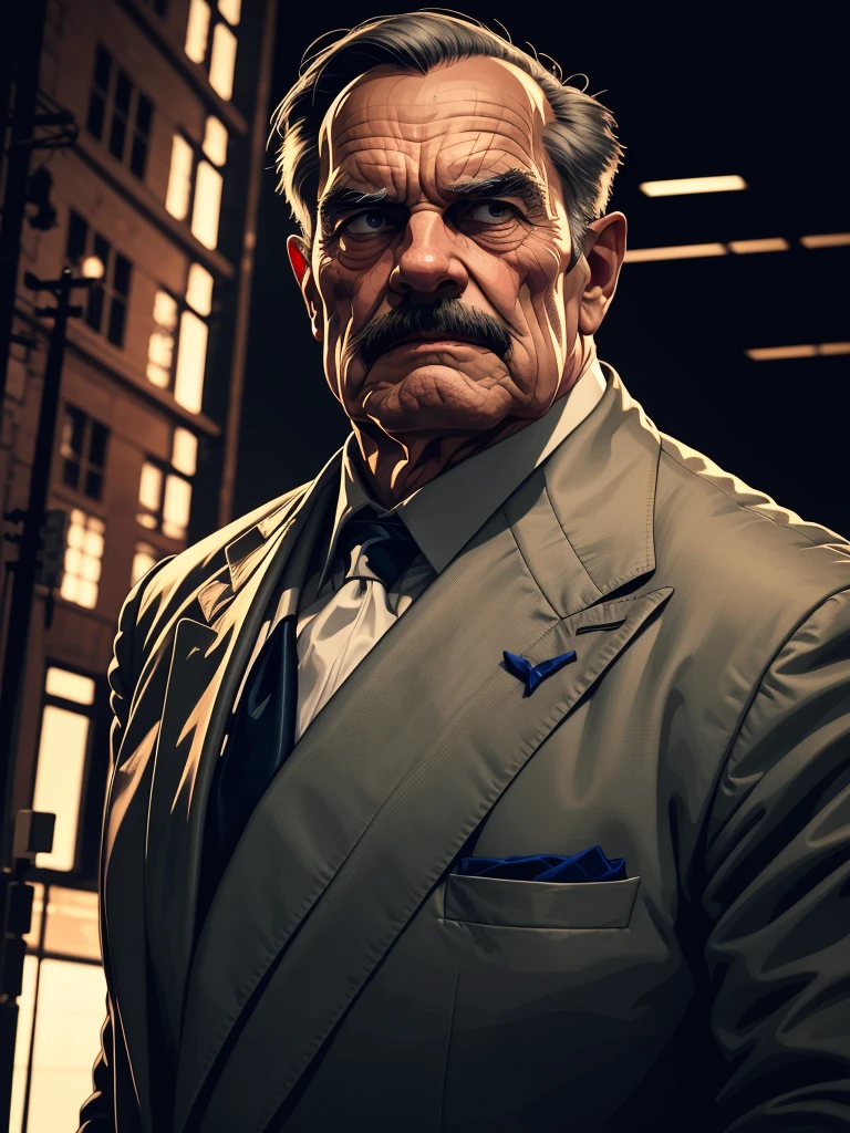 a portrait of an old man wearing a suit, upperbody, standing in a city background, mwvector, 8k, high quality, photorealistic, detailed wrinkles, detailed facial features, detailed texture, cinematic lighting, dramatic shadows, moody color palette, warm tones