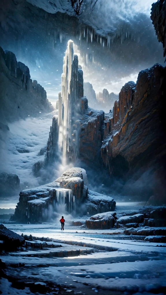 masterpiece, Highest quality, (Highly detailed CG Unity 8k wallpaper), (Highest quality), (Best illustrations), (Best Shadow), Absurd, Realistic lighting, (abyss), Beautiful sparkle, art：PeterMohrBacher,In front view of frozen cave、A man stands in the middle, Icy, Surreal frozen landscape, Icy mountains, in an Icy cavern, Complex and epic composition, Amazingly spectacular footage, Very beautiful、Fantasy, Frozen waterfall, Breathtaking alien landscapes, Icy cold pale silent atmosphere, Ice cave, Magnificent and wonderful, Entrance to the spirit world, Icy landscape、