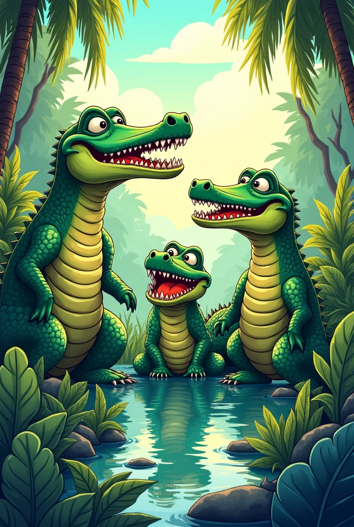 An illustration to color of three crocodiles