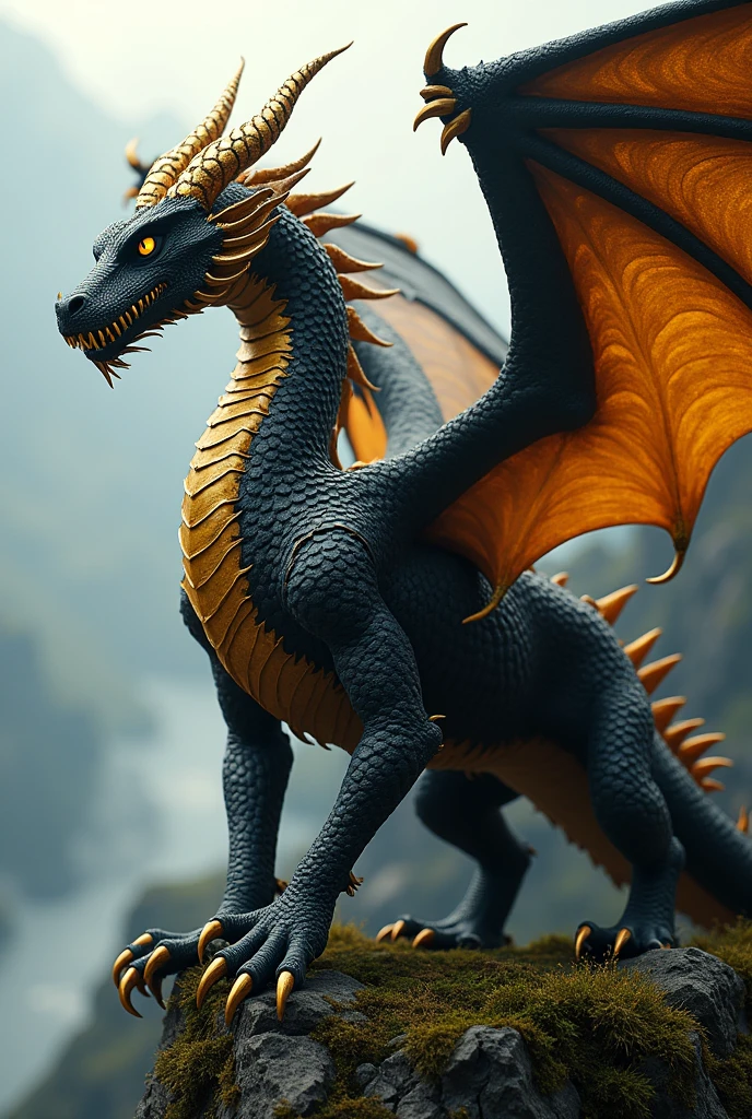 A black and gold European dragon with golden eyes 