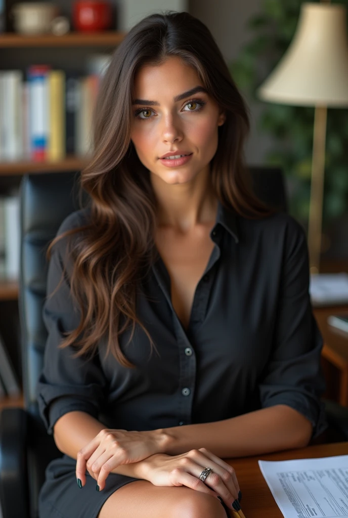 beautiful European girl Spanish heritage , with big breasts , brown eyes and brown hair, sitting at her office desk , in a short tight business dress, and a tight business shirt , and, photo from front , showing her body , ultra High resolution, (fotorrealista: 1.4), High resolution , (finely detailed skin), (brown eyes), (perfect proportions) (Realistic photos) (masterpiece) (fotorrealista), ultrarealistic (Best Quality) (detailed) photographed with a Canon EOS R5, 50mm lens, f/2.8, (8k) (Wallpaper) (cinematic lighting) (dramatic lighting) (complex) fashion
