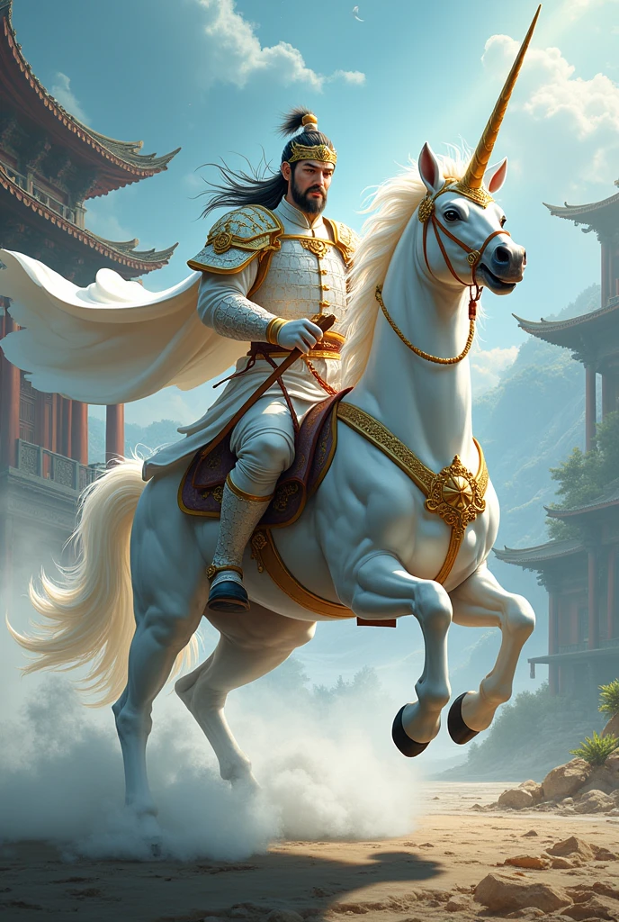 legendary chinese warrior zhao yun, with white and gold chinese armor and wearing helmet, riding crystal horn unicorn, japanese anime style,