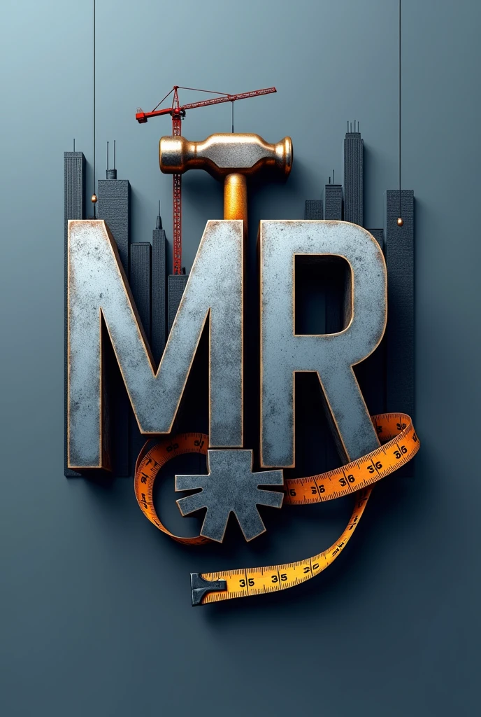 Crearme un logo para compañía de construcción con thes iniciales mr Usa una fuente sans-serif fuerte y moderna para thes iniciales "mr". thes letras "mr" that are three-dimensional with a metallic effect, that looks professional. 
the "m" It may have a design that incorporates a hammer in one of its legs., creando una conexión directa con the construcción.
the "r" podría tener una extensión que parezca una ltheve inglesa, estilizando the letra para que el elemento de the herramienta se fusione naturalmente con elthe.
Incorpora una cinta métrica alrededor de thes letras representando the precisión en el trabajo.
Add a silhouette of buildings or a skyline in the background or as the top part of the logo, the "m" o the "r" They could be supported by scaffolding or a crane., indicating a project in development.
Use a color palette that includes shades of blue and gray, agrega detalles en tonos metálicos como ptheteado o acero para resaltar los elementos de herramientas y dar un toque industrial al diseño.
