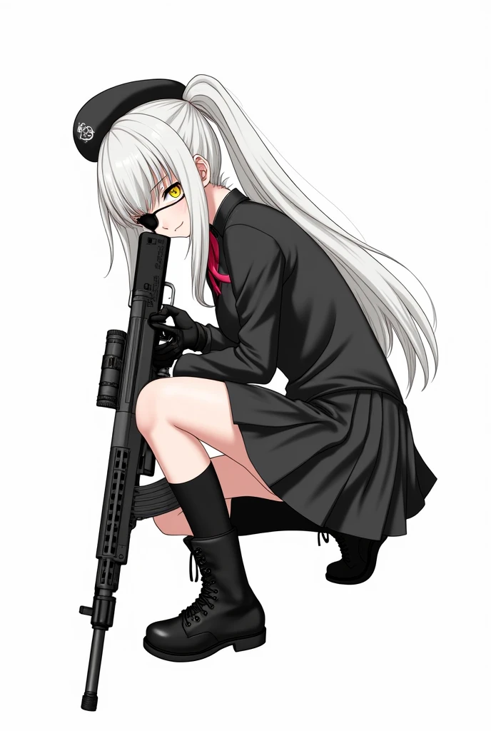 Medium-height anime girl, long white ponytail tail hair, yellow eye, aiming a assault rifle while crouch position, wearing a black school uniform, long black socks, black eye patch, black beret, tactical gloves, tactical boots. Manga art style with white background 