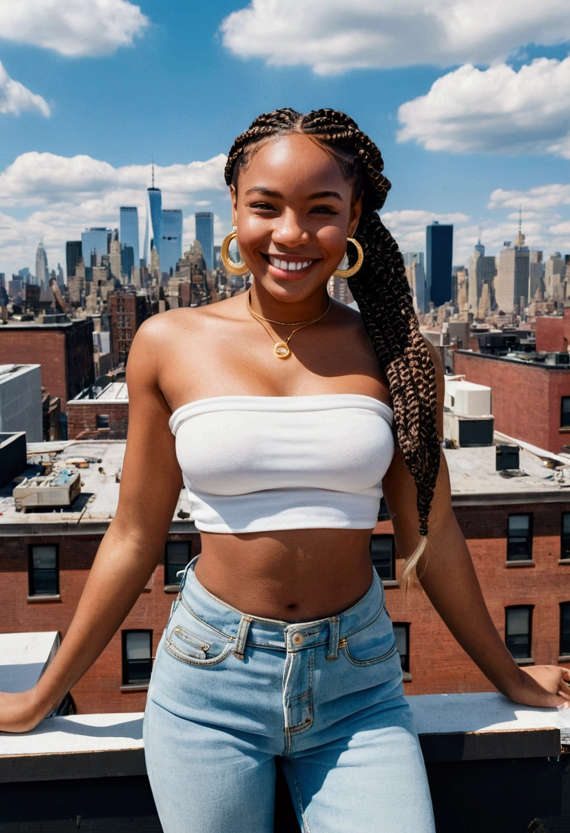Girl with black skin, braided brown hair, Box braids, black eyes, smiling, super tight jeans big hips, hands down, black bra, white tube top , small breasts, white top, bare shoulders, big circle gold earrings, freckles, big lips, on a rooftop, nyc skyline in the background, blue skies big clouds