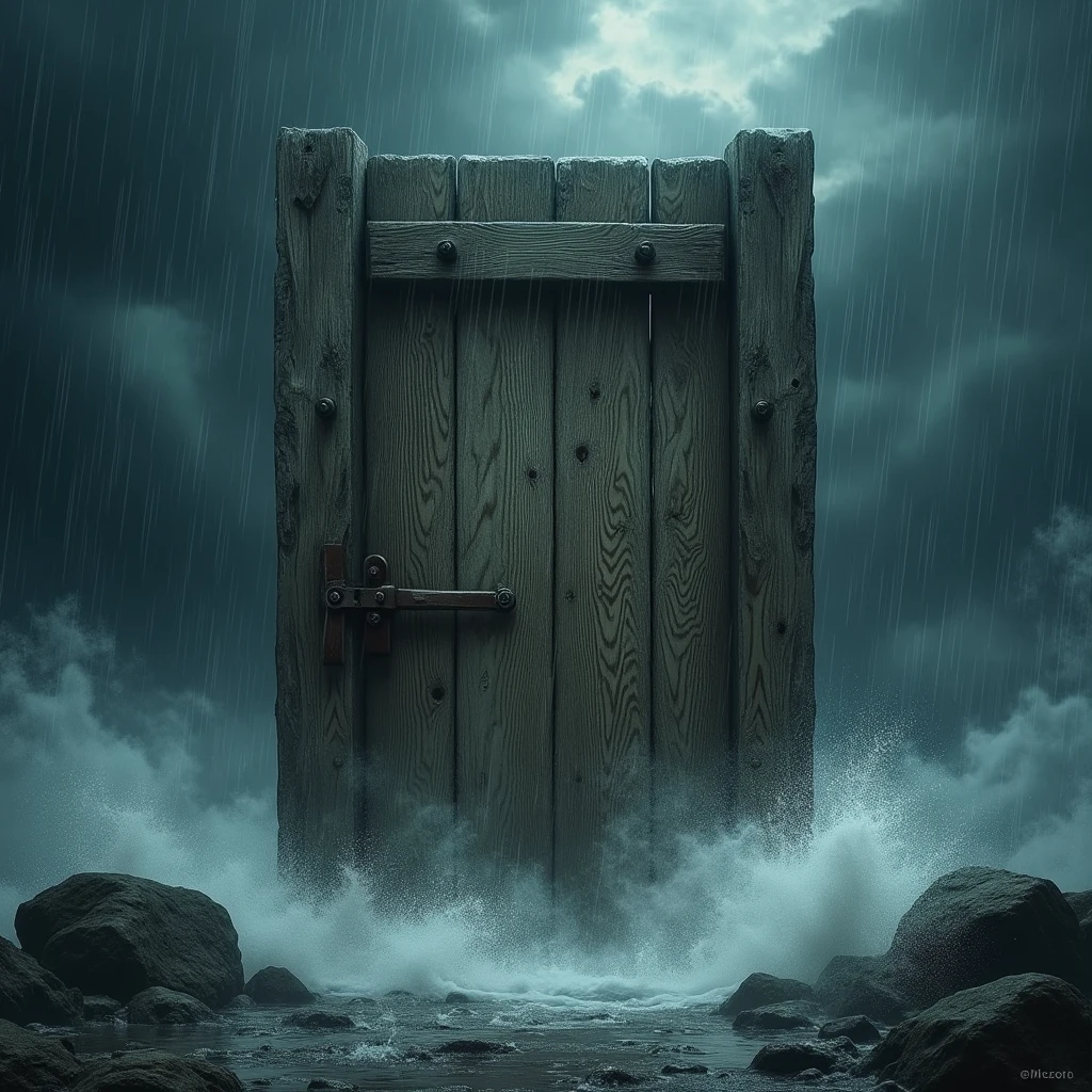 The scene of the door suddenly closing. The door is old and wooden, shaking in the stormy wind.