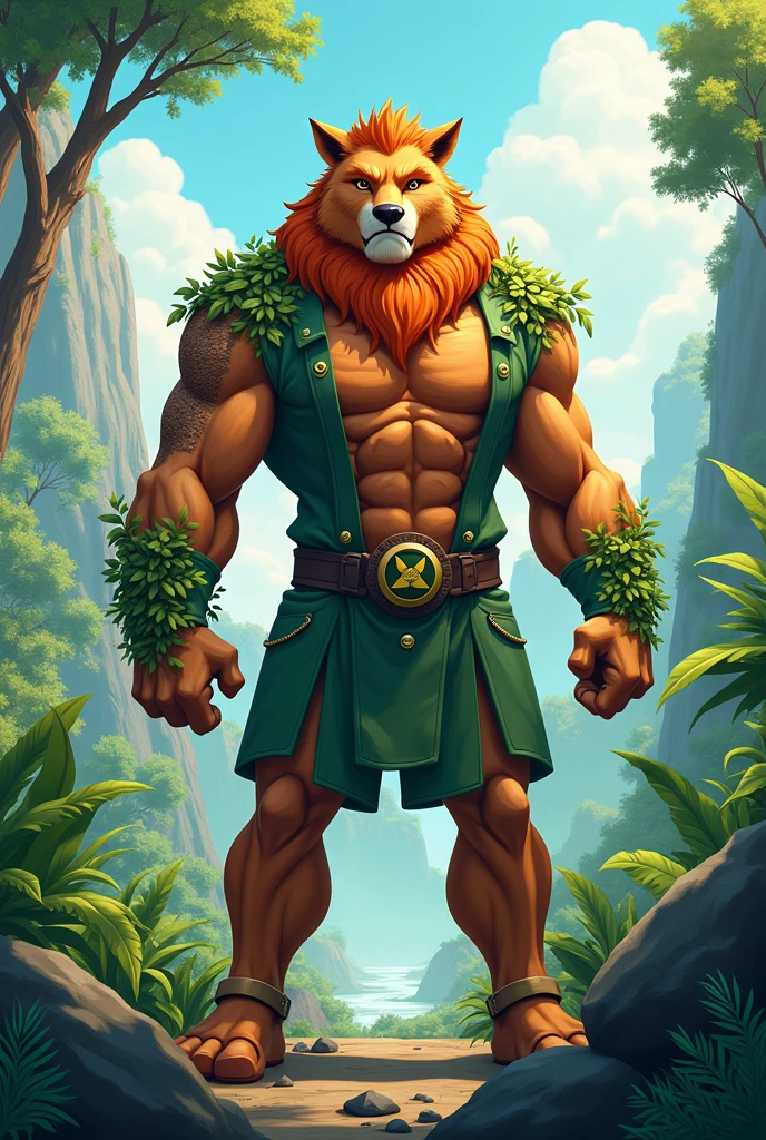 a male lion furry, 20 years old, a little muscular, blue-eyed, shirtless and wearing cargo pants, wearing half finger gloves, holding a pistol, in the Amazon rainforest in a 2d animation style