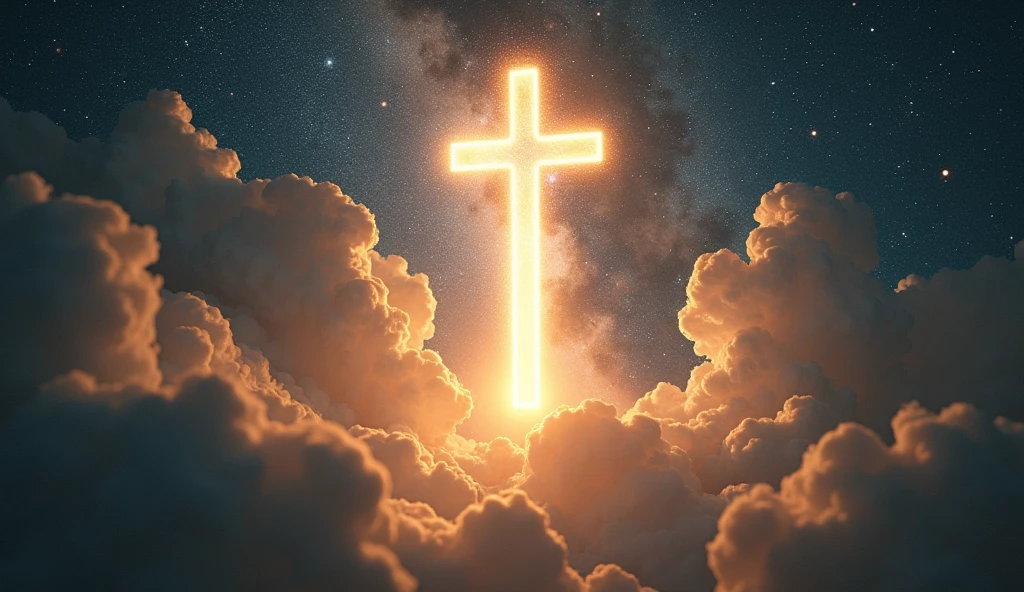 cross, a light beam shines on from below ascending into heaven, milky way space in the background, low angle shot, far away shot, old polaroid picture, cinematic, magical, HD, ultra realistic, hyper real
