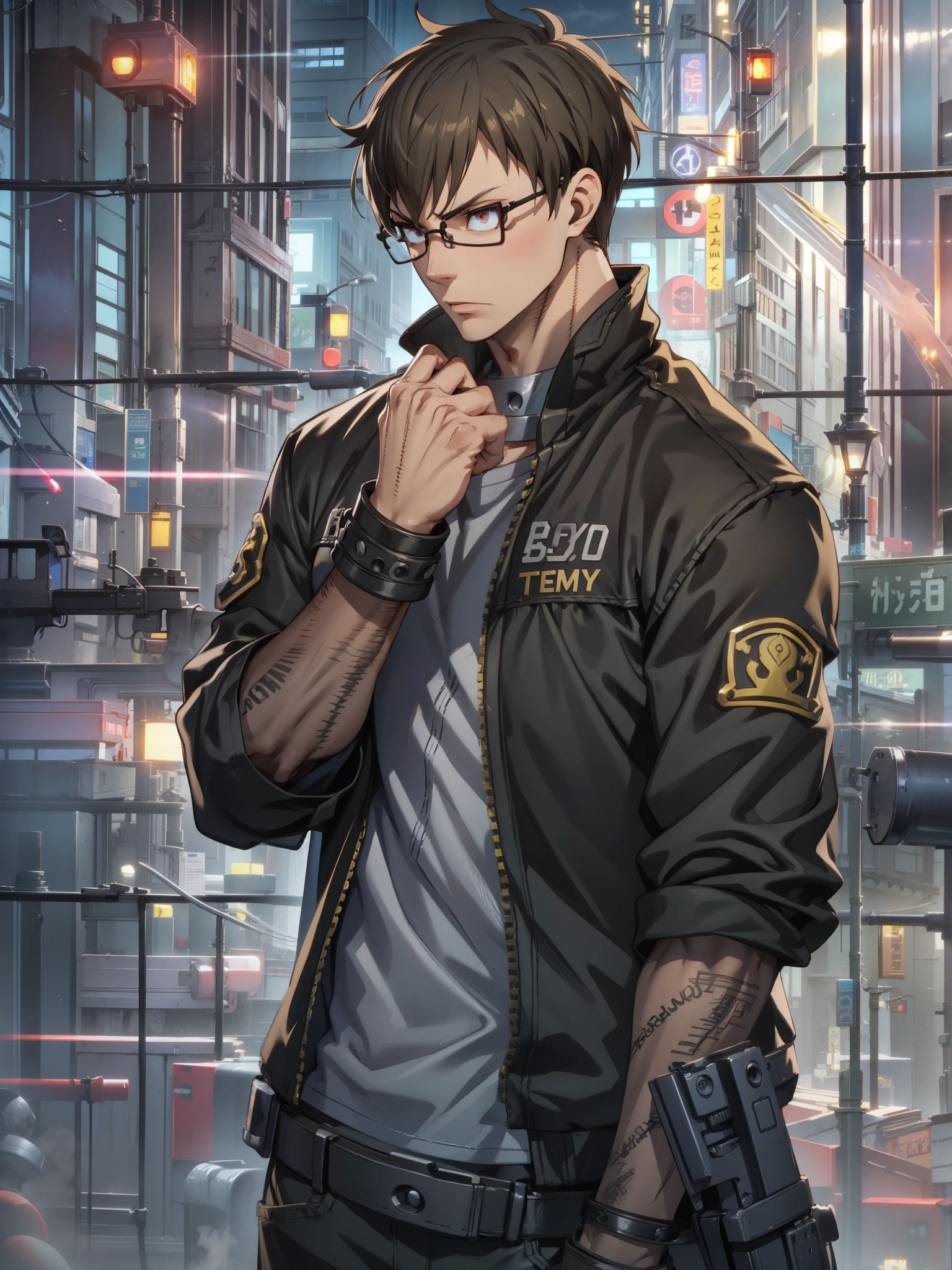 8k, Highly Detailed, Masterpiece, source_anime, best quality, beautifully detailed eyes and beautifully detailed hair, 1man, solo, young man with short brown hair and light skin, The character is wearing rectangular black glasses and has brown eyes, He has a serious expression with sharp, angular facial features, including prominent cheekbones and a defined jawline, He is dressed in a black shirt, The man is holding a hand near his face, with a serious expression and looking slightly to the side. The background consists of a grid wall with various firearms mounted on it, illuminated by a blue light. The overall scene has a serious and intense atmosphere, with a focus on the character's contemplative demeanor and the detailed background elements, the character is a member of the fire brigade