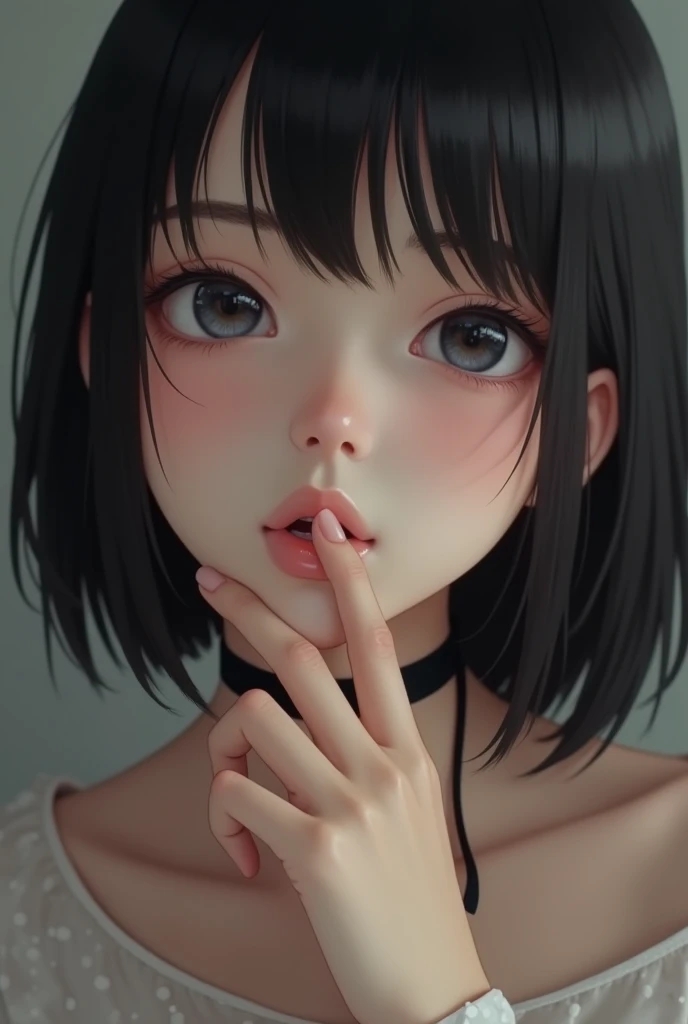 realism pov near distance wet figure fingertips touch own lips with self hand while kneering down and approaching aggressivery for a kiss neat pure beauty girl is beautiful japanese female and beautiful russian female mixed race only in the face age is 15 features of the whole body black hair medium straight bob cut hair style beautiful small face with short eyelashes boyish eyes only high nose dark blue pupils very thin upper lip milky white skin accurate attractive body shape beautiful nomal size bust waist hips thighs knees legs choker and tie on neck pulling up dark blue skirt showing panties half opend eyes shy enamored face kindly and slight