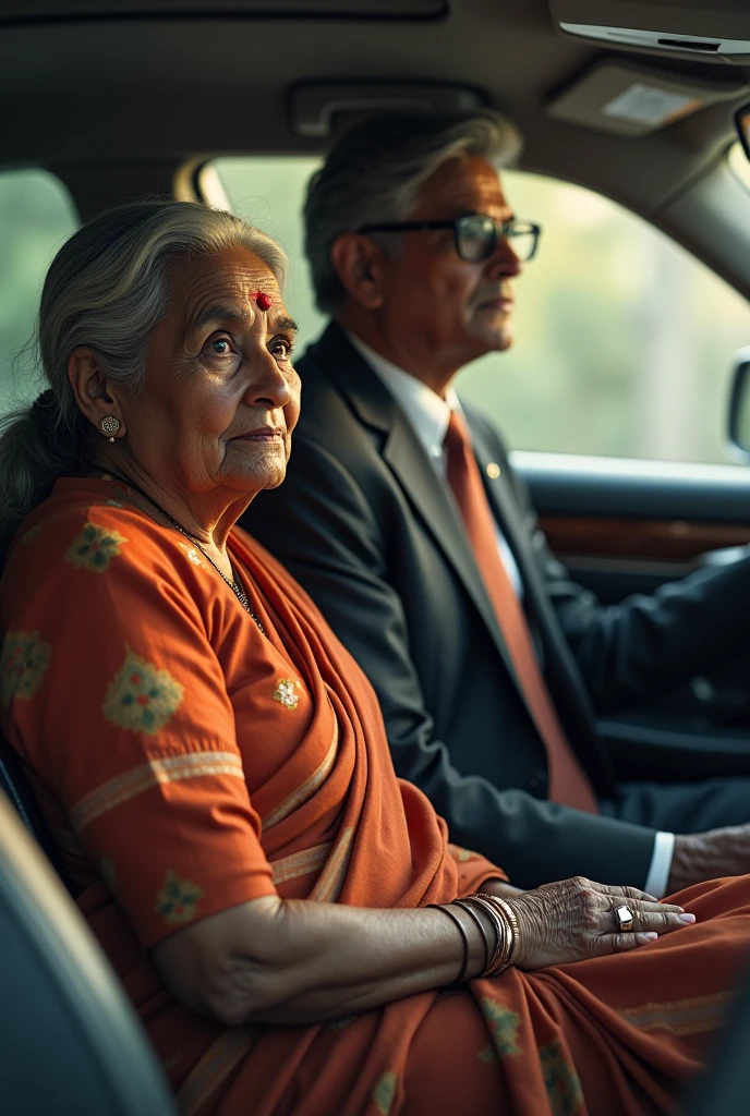 A old bengali women with her rich son in a car