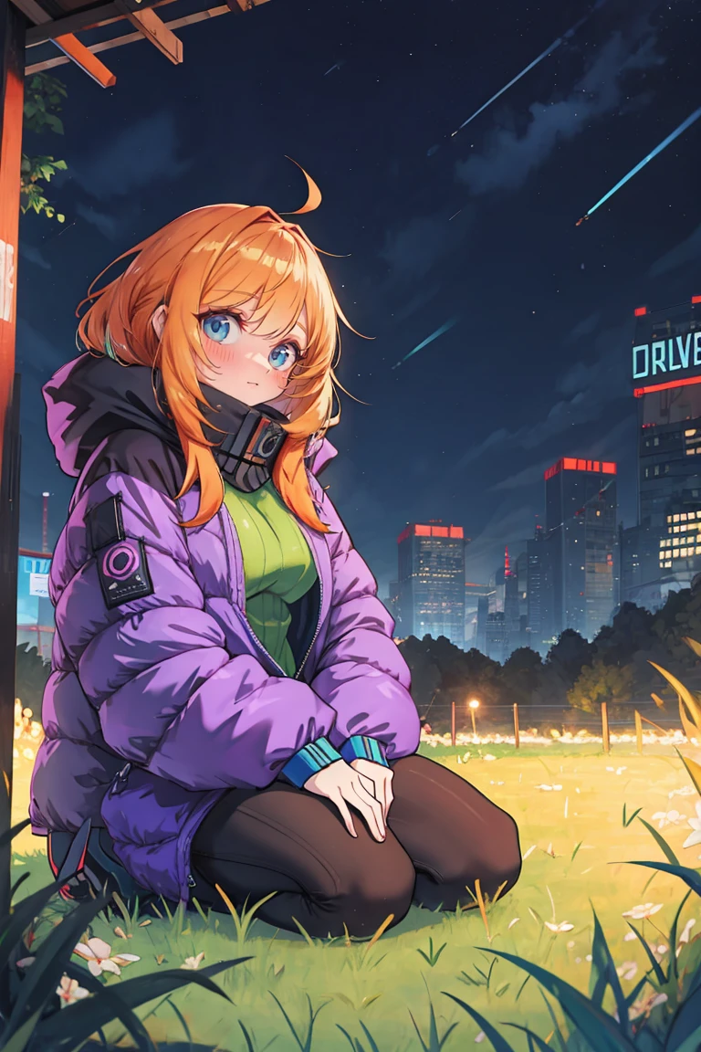 Orange hair girl, Wearing blue cyberpunk clothing, On the colorful grass, night