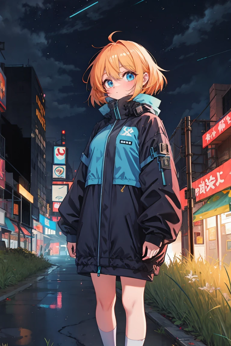 Orange hair girl, Wearing blue cyberpunk clothing, On the colorful grass, night
