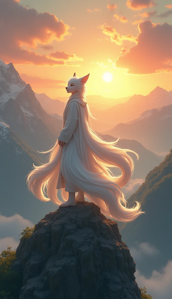 A white-haired nine-tailed fox boy on the top of a mountain at sunset