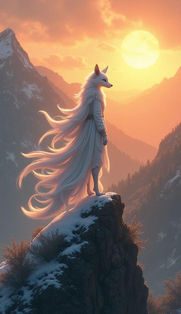 A white-haired nine-tailed fox boy on the top of a mountain at sunset