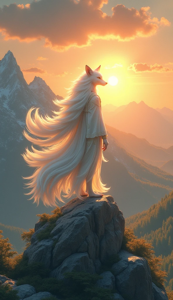 A white-haired nine-tailed fox boy on the top of a mountain at sunset