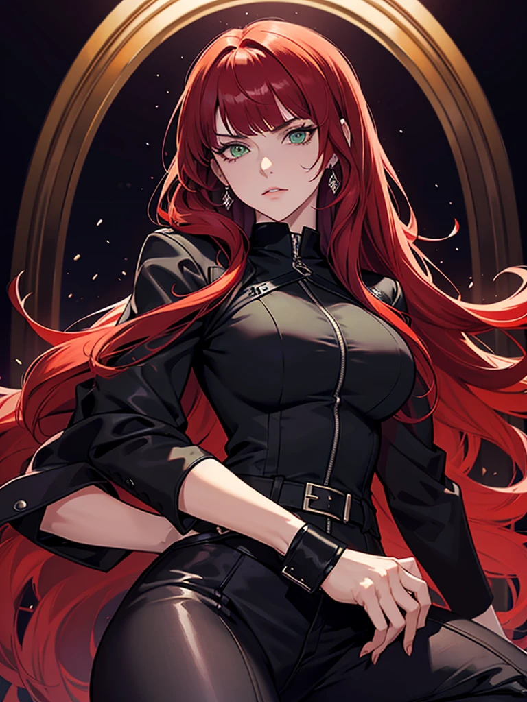 green eyes, red hair with long bangs, noble, mafia. sadistic women, wavy long hair. wear black purple jacket. strong woman. background in winter