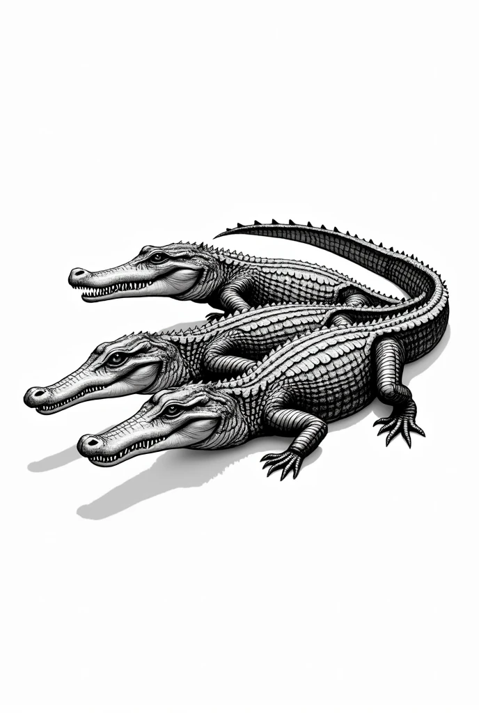 An unpainted black and white illustration of three crocodiles