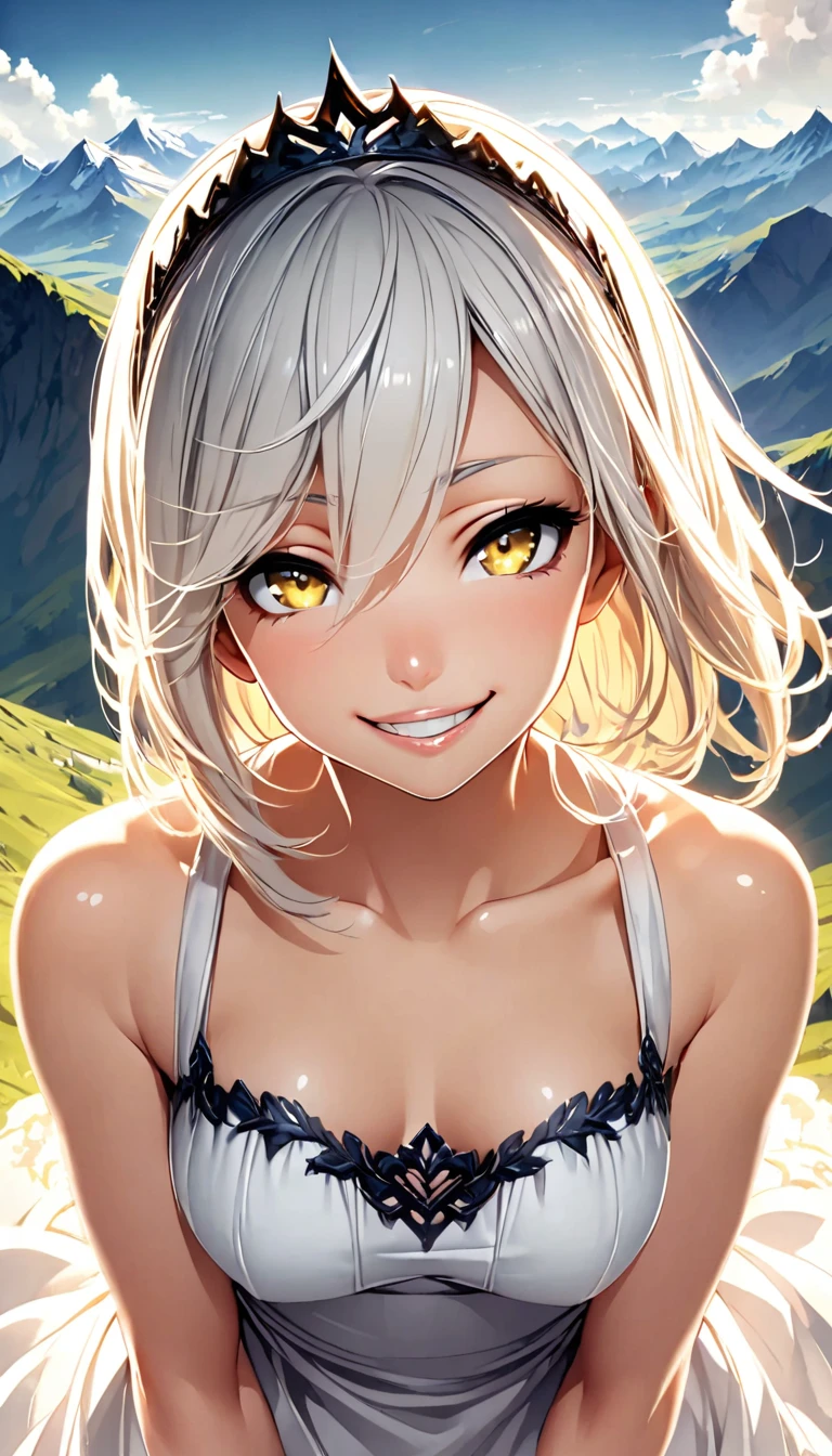 Perfect Eyes, Graceful posture, Happy, Long white hair, Yellow Eyes, Black tiara, Mountain, cloud, amazing, Close-up shot, View your viewers, Lips parted, teeth, Happy face, smile, Mid-chest, White Dress, Exposing shoulders