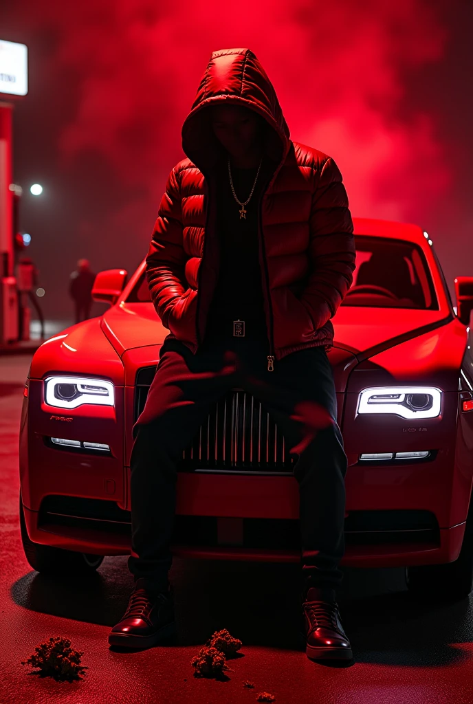 A person with a black moncleor jacket, black jogging pants, black Nike air force and red storm hood sitting on the hood of a red Royce Royce at night with red lights and red background lighting at a gas station and on the ground is a lot of cannabis 