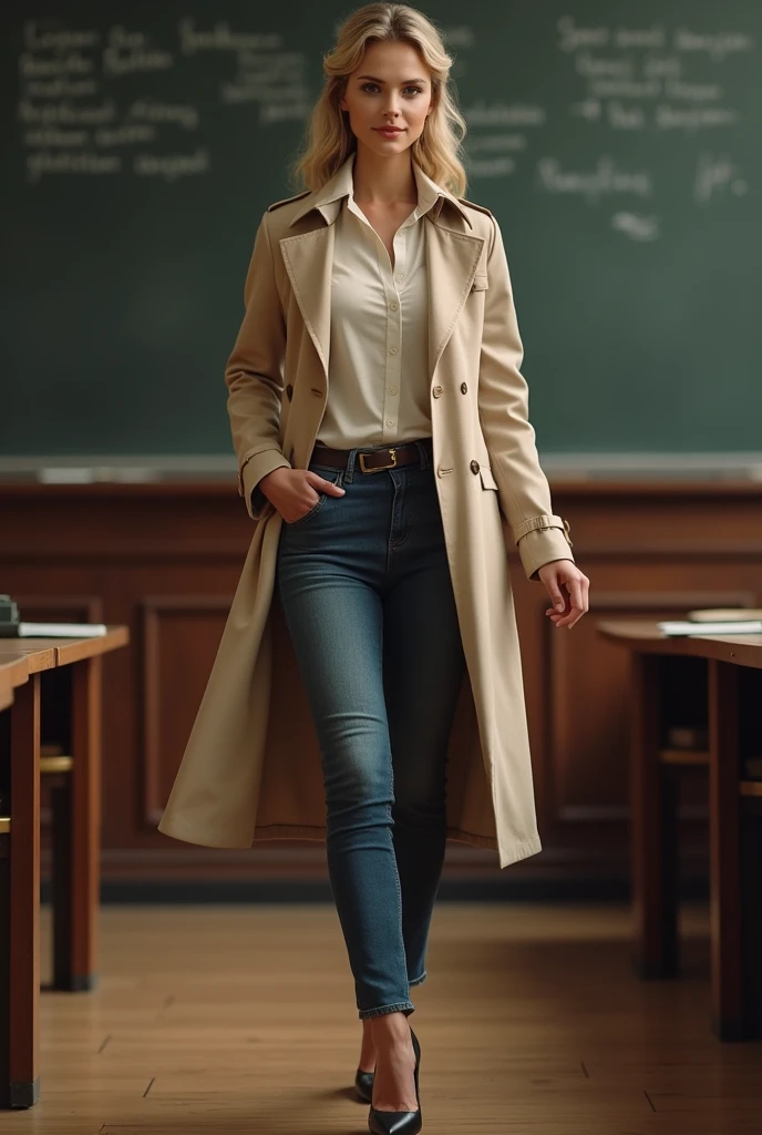  teacher woman, blond thin hair up to her shoulder in beige Trenchcoat Jeans and high heels