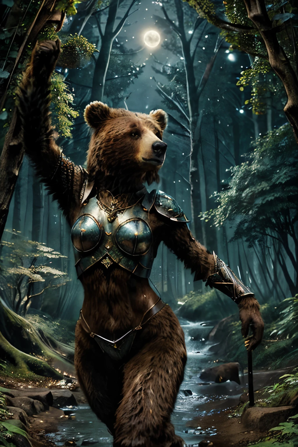 (Ultra-detailed face, looking away, Fantasy Illustration with Gothic, Ukiyo-e, Comic Art, Rich colors),
BREAK
(A female dark elf druid uses her wild shape ability to transform herself into a large brown brown bear, sprinting on four legs through the woods and leaping over streams in daring poses. Several trails of light streak across the air as the air flows around the brown bear.),
BREAK
(It is midnight, the moon and stars shining blue and white, and the area is deep in the green mountains, overgrown with trees and tangled with ivy. The underbrush is thick and wild strawberries are growing.),
BREAK
(A brown bear wears a mithril helmet and a red, shiny, jeweled breastplate. The helmet and breastplate are decorated with green glowing relief in a spiral pattern.)