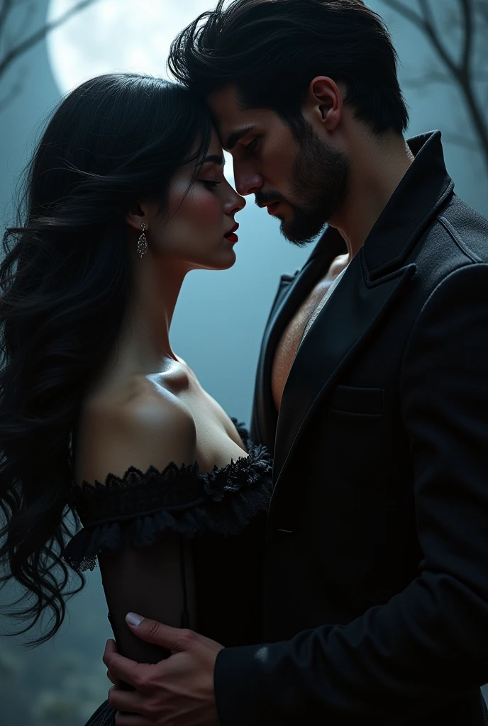 Black haired woman with a very handsome black haired man dark romance style