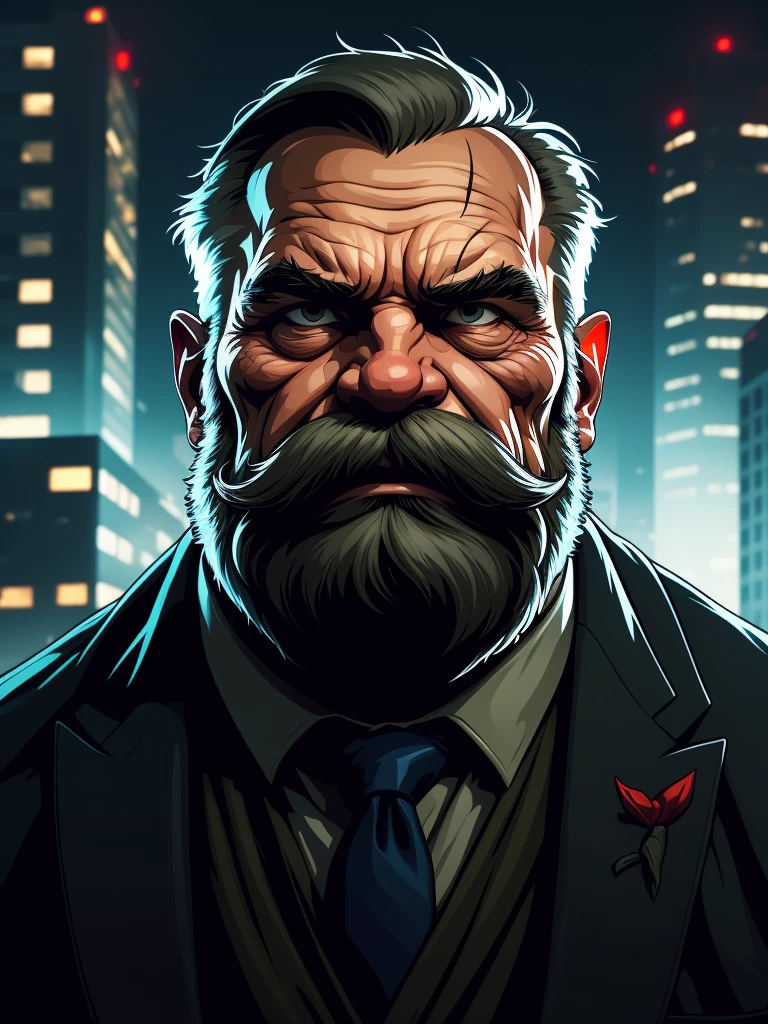 a portrait of an old man wearing a suit, upperbody, standing in a city background, (mwvector), vector, thick mustache, long beard, 8k, high quality, photorealistic, detailed wrinkles, detailed facial features, detailed texture, cinematic lighting, dramatic shadows, moody color palette, warm tones