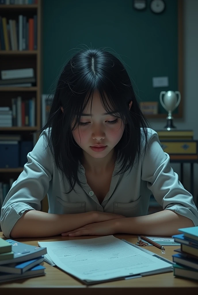 A fully stressed and tensed girl preparing for exam.... with dark theme and exam and imagining about the happy stages and speech competition