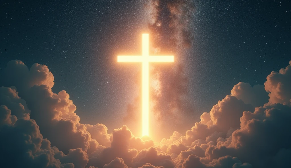 cross, a light beam shines on from below ascending into heaven, milky way space in the background, low angle shot, far away shot, old polaroid picture, cinematic, magical, HD, ultra realistic, hyper real