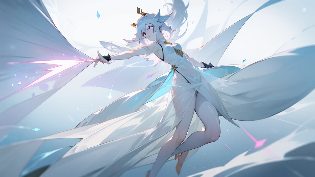 full body, Xianxia snow fox goddess in white dress (wet see-through skimpy dress), white yae miko hair, houseki no kuni, (pale white skin, gray eyes), holding arrow, vaporous fabric, falling diamonds, light effects