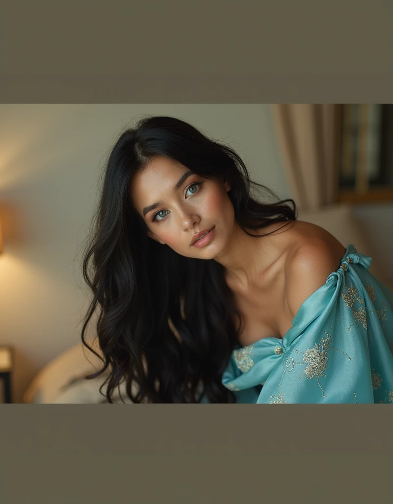 A beautiful woman straight position with long, wavy black hair that cascades down her back. She has striking sky-blue eyes that contrast vividly against her dark hair. She is wearing a flowing, elegant evening gown that drapes gracefully to the floor. The gown is adorned with subtle, intricate patterns and has a soft, luminous sheen. The background is softly lit, highlighting her radiant features, with a touch of warm, golden light. Her expression is serene and confident, exuding a sense of elegance and grace. sans aucun vêtement, tout le corps, pieds visibles, seins visibles, debout dans une chambre