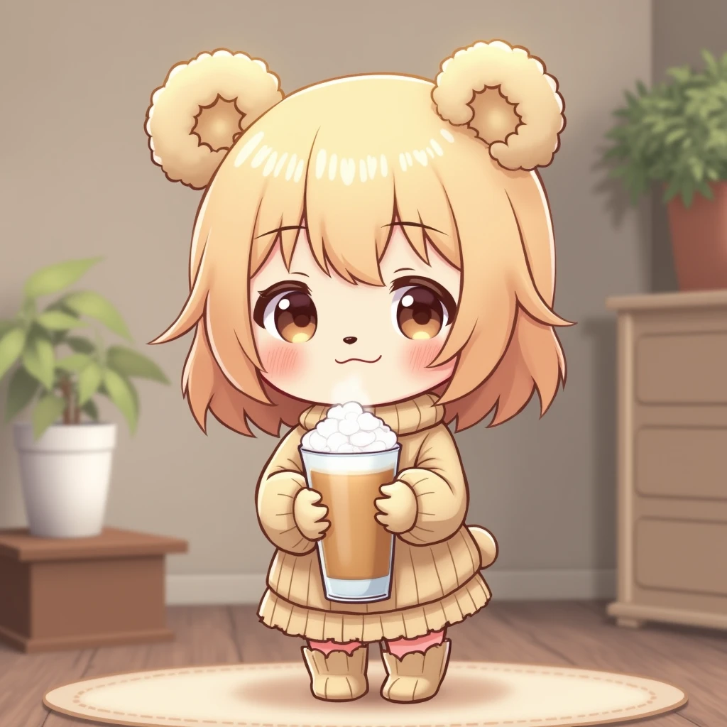 cute bear girl holding a cup of iced latte